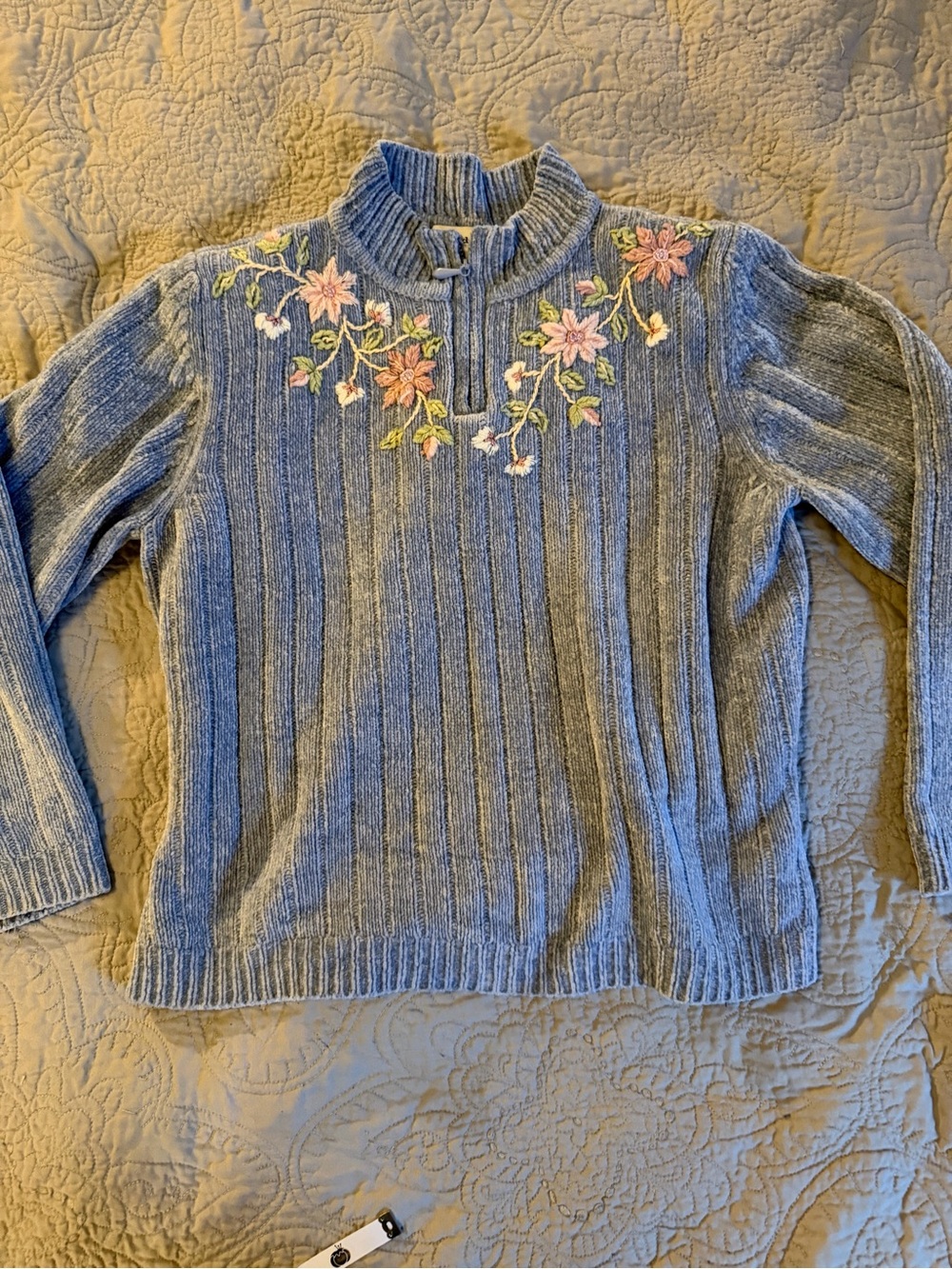 Alfred Dunner Cottagecore Half-Zip chenille Sweater with Pink Floral Embroidery